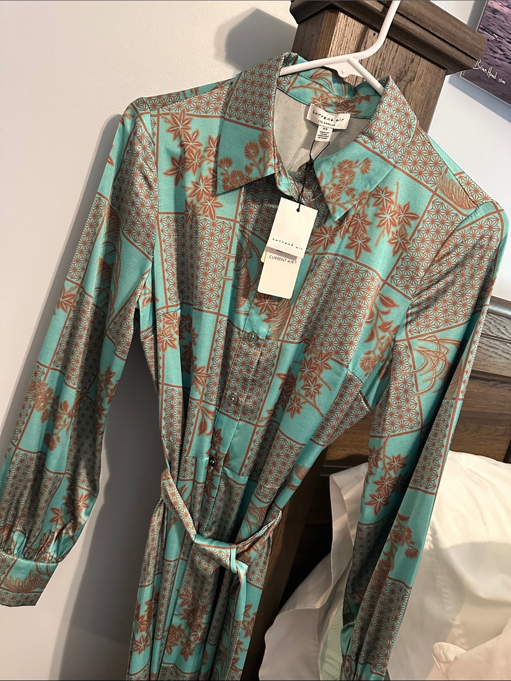 Current Air Teal and Brown Printed Long Sleeve Trench Dress